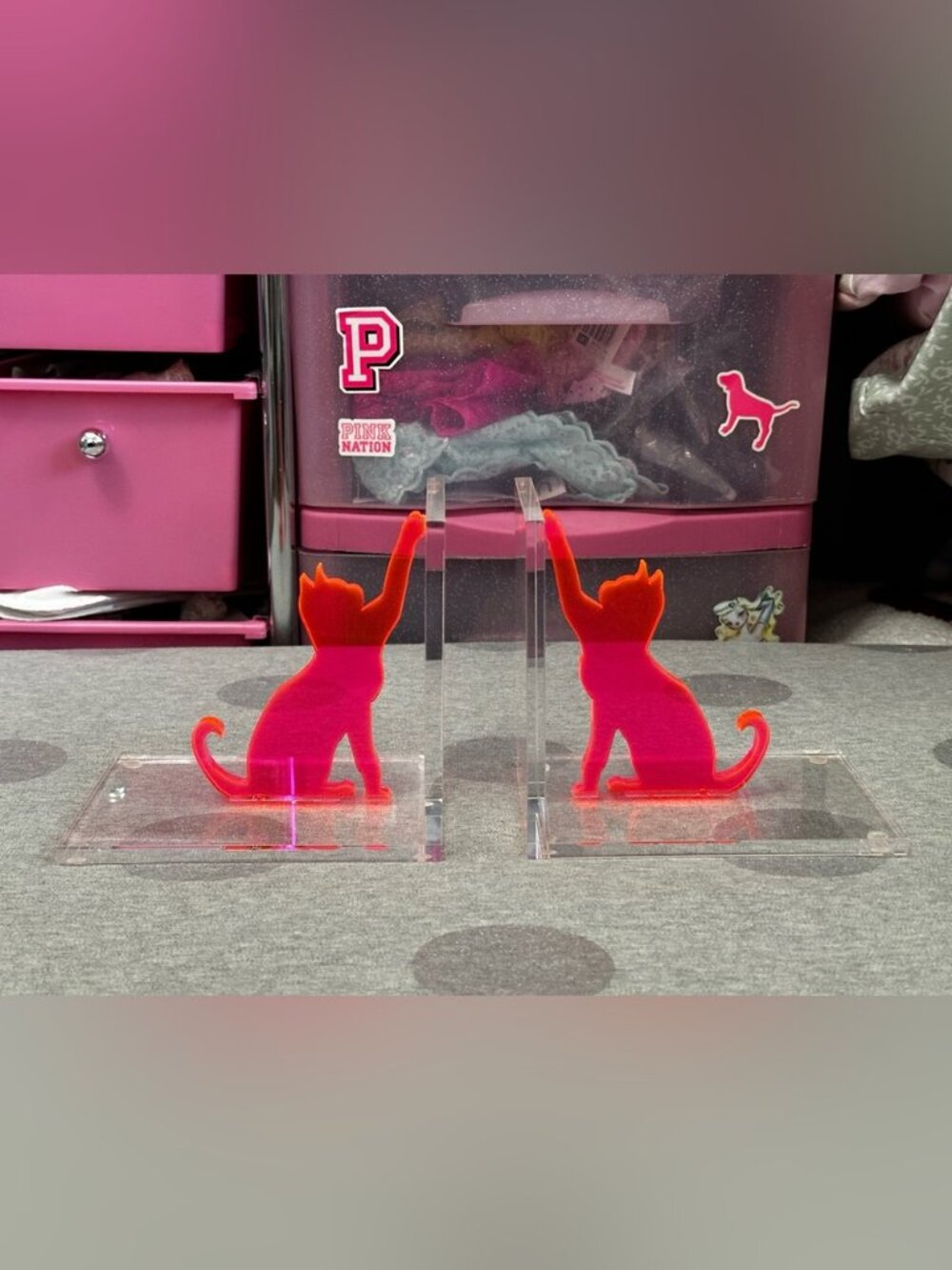 Neon Pink Plexiglass Cat Bookends
